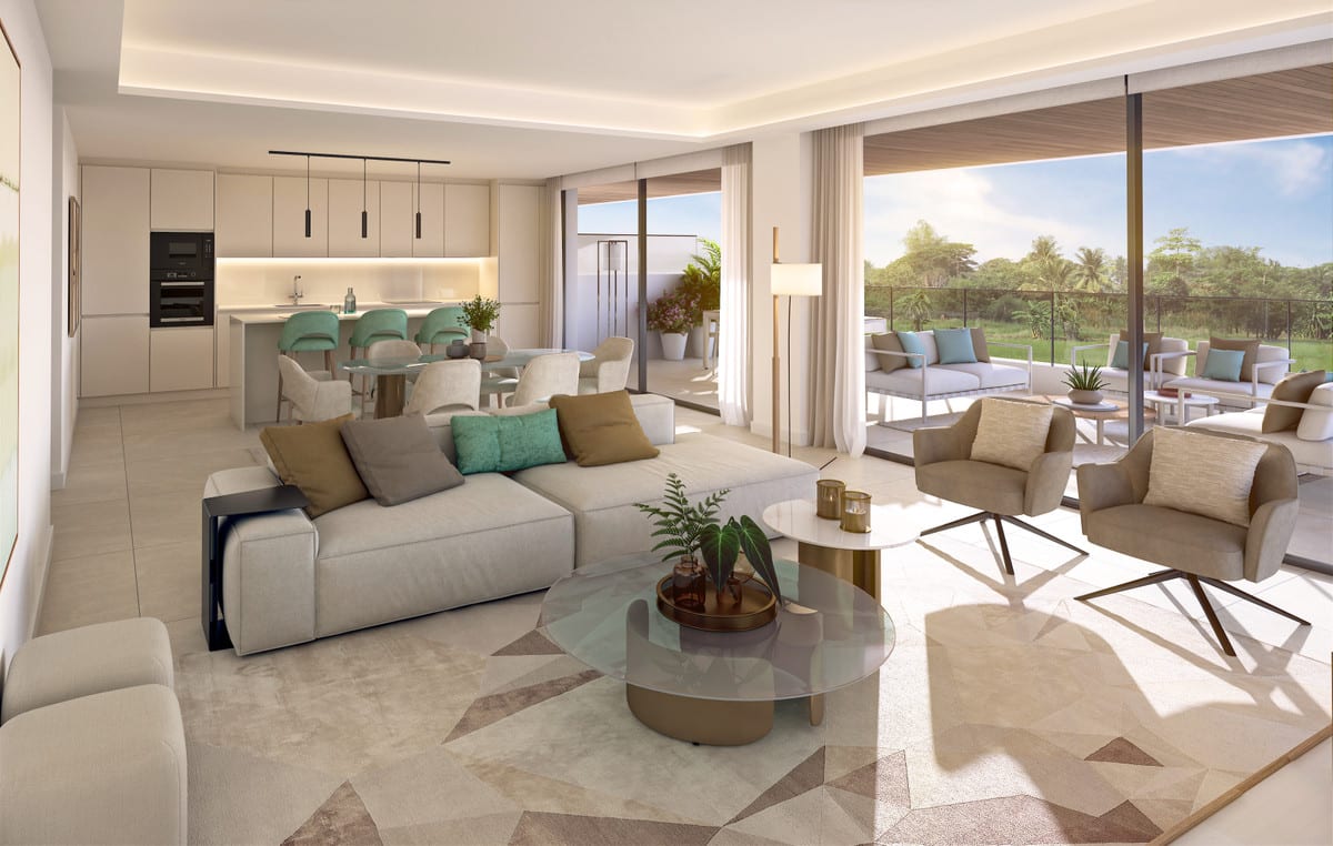 Rendered interior visualisation of NAYA RESIDENCES with an open-plan living room, kitchen with island, dining area and large sliding glass doors leading to a terrace with outdoor furniture.