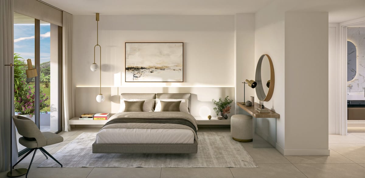 Rendered bedroom interior visualisation of NAYA RESIDENCES with a double bed, rug, dressing table with round mirror and a glass door leading outside.