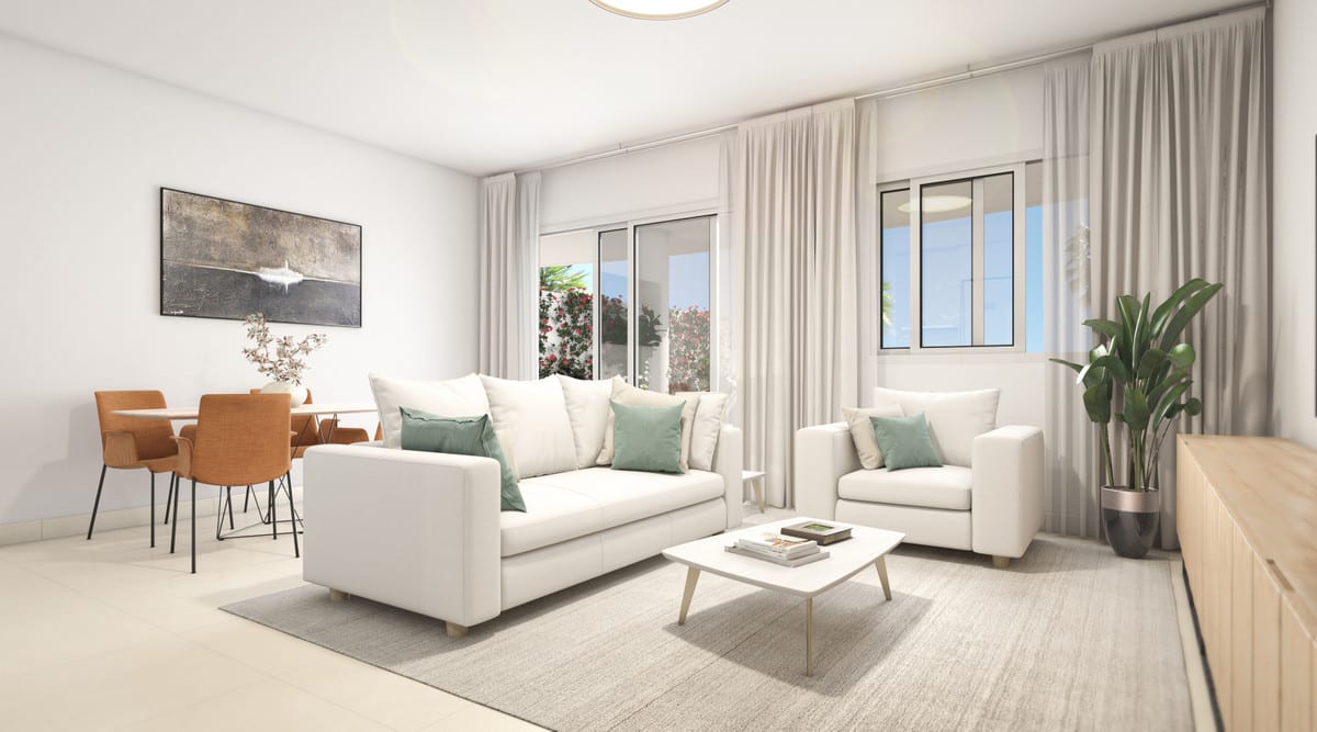 Project visualisation of NEXUS RESIDENCES with a bright living room, white sofa with green cushions, white armchair, rectangular coffee table, dining area with brown chairs, wall art and large windows with light curtains.