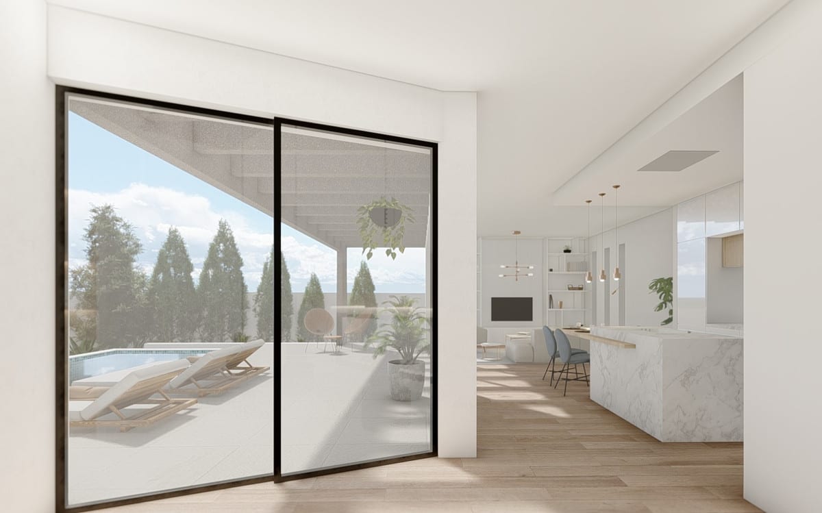 Project visualisation of the interior of the NORDIC villa with sliding glass doors to the terrace and views of the pool area.