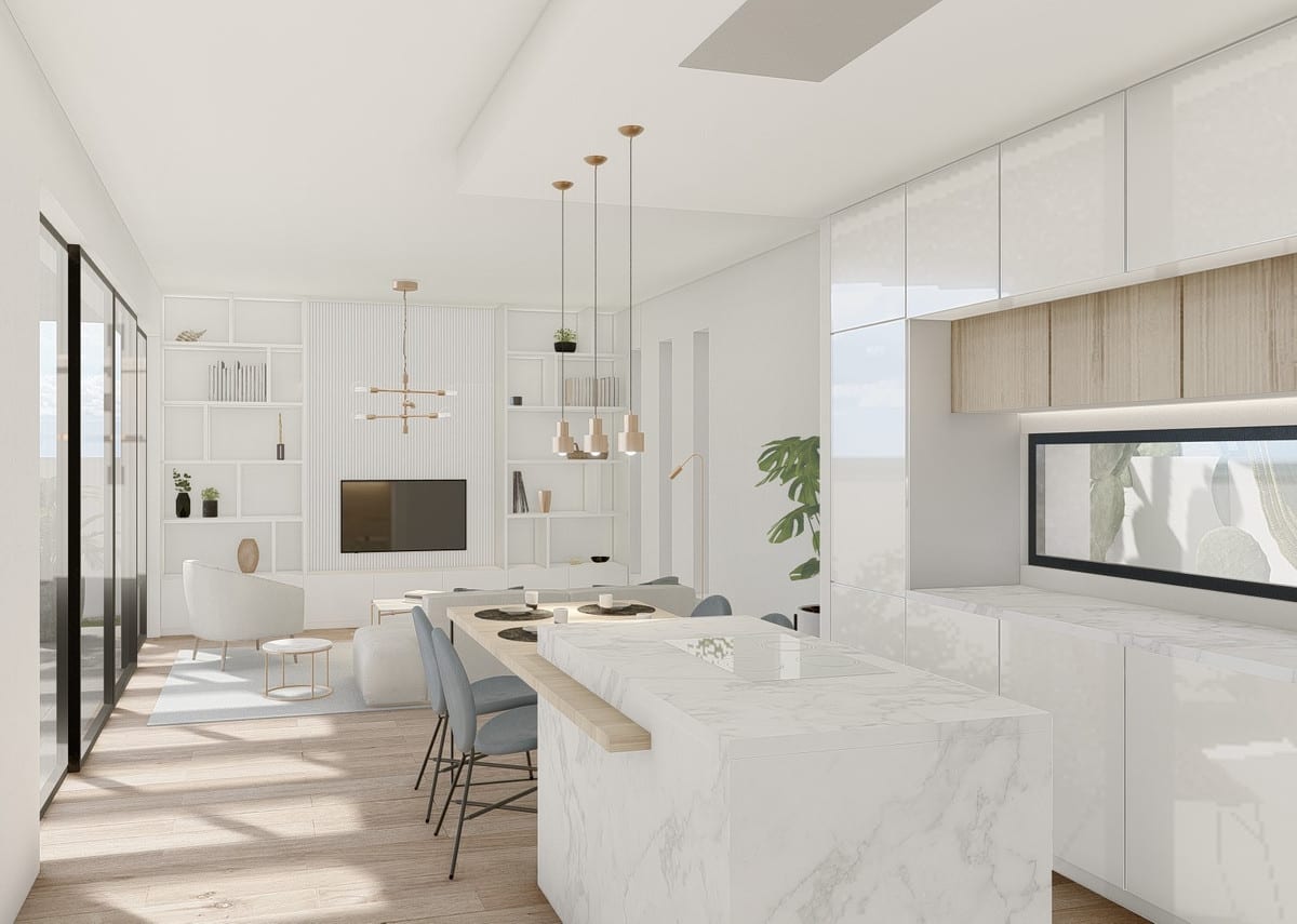 Visualisation of the open kitchen and living area at NORDIC, with a marble-effect island, pendant lights and white shelves holding books, plants and decorative objects.