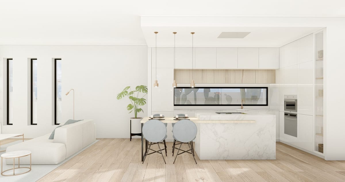 Visualisation of the kitchen at NORDIC, with a marble-effect island, pendant lights and a visible built-in oven.
