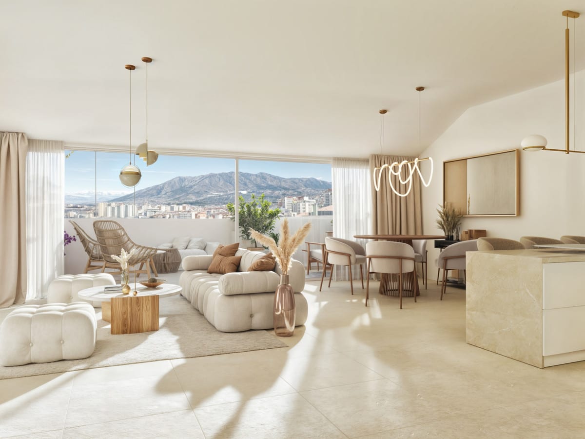 Project visualisation of NOVA MARINA showing an open-plan living space with beige seating, wooden tables, a dining area, kitchen island and large glazed doors leading onto the terrace.