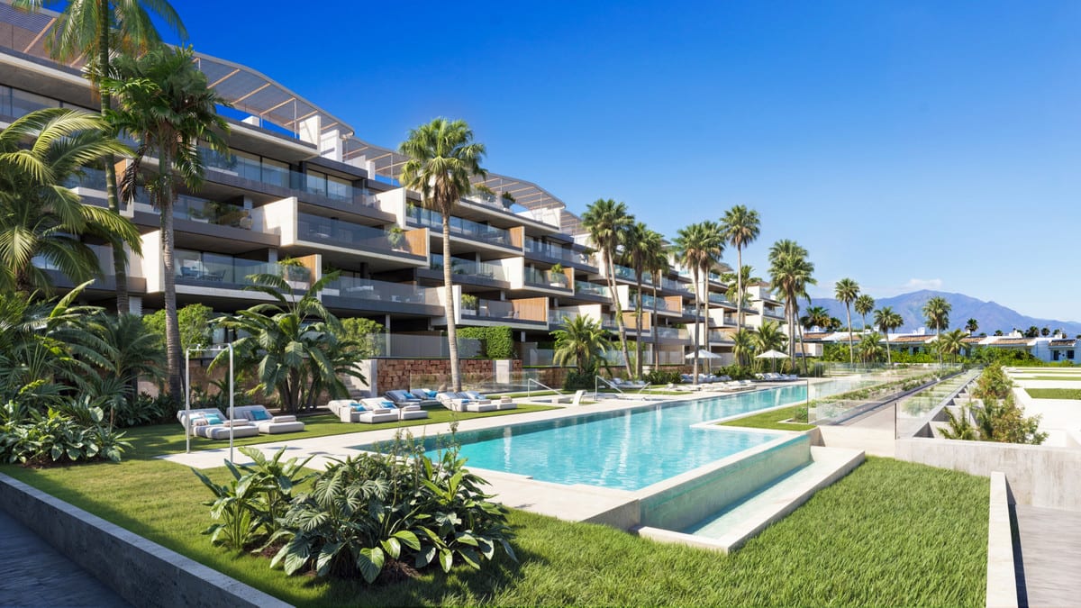 Rendered pool area with palm trees, planting and broad terraces.