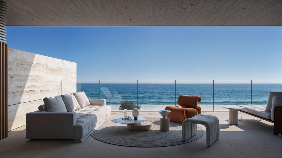 Rendered furnished covered terrace with a glass balustrade and open sea views.