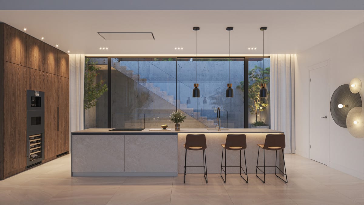 Rendered kitchen with a large island, wood-effect cabinet fronts and pendant lights.