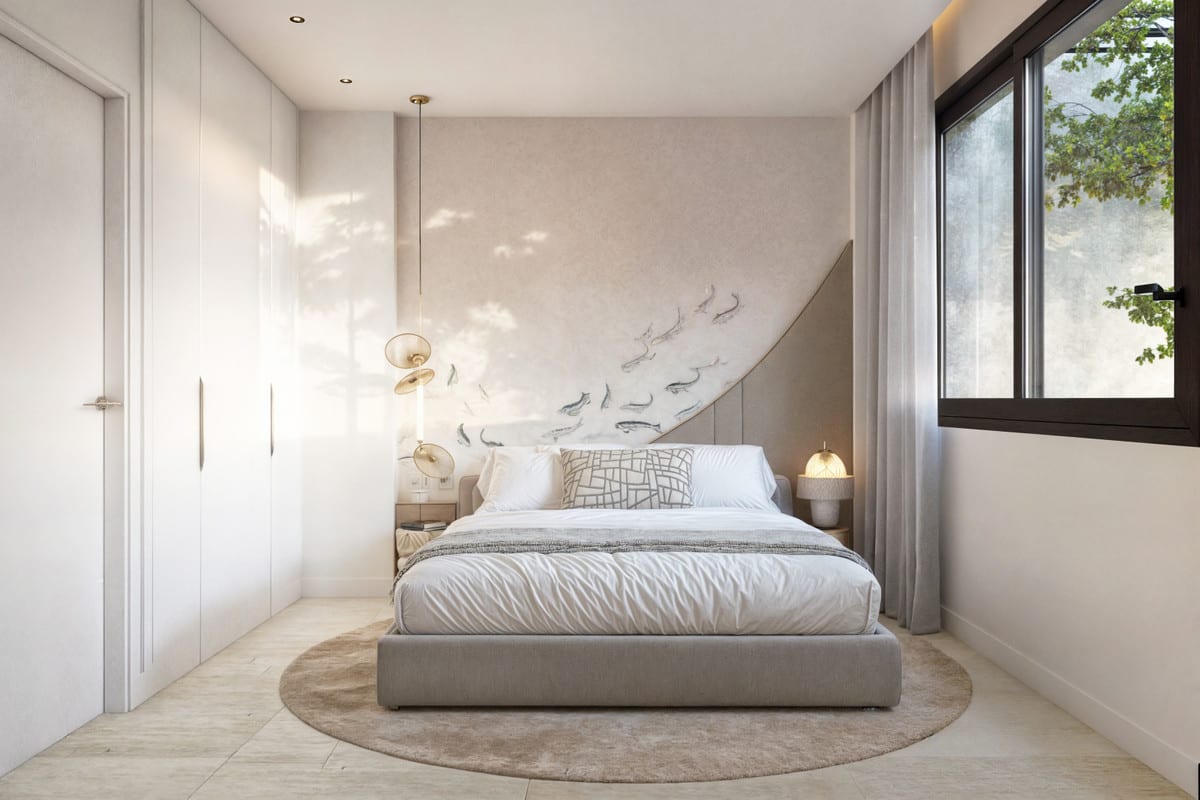 Rendered bedroom with light finishes, fitted wardrobes and daylight through a large window.