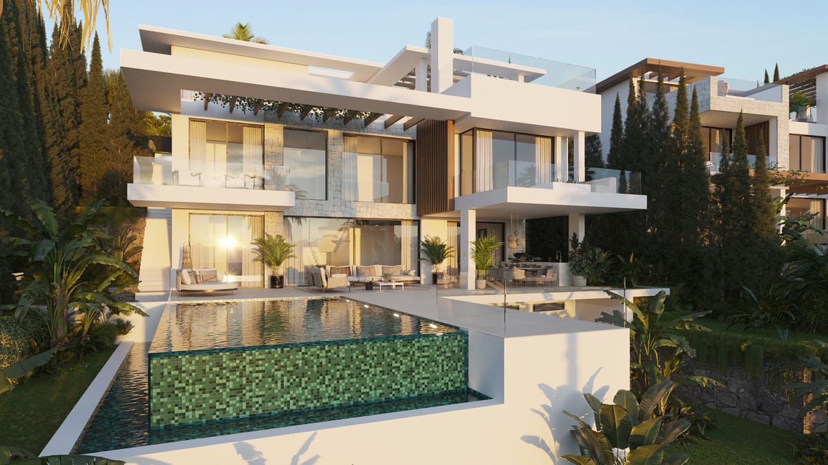 OCYAN VILLAS: Exterior view of the villa with terraces and planting.