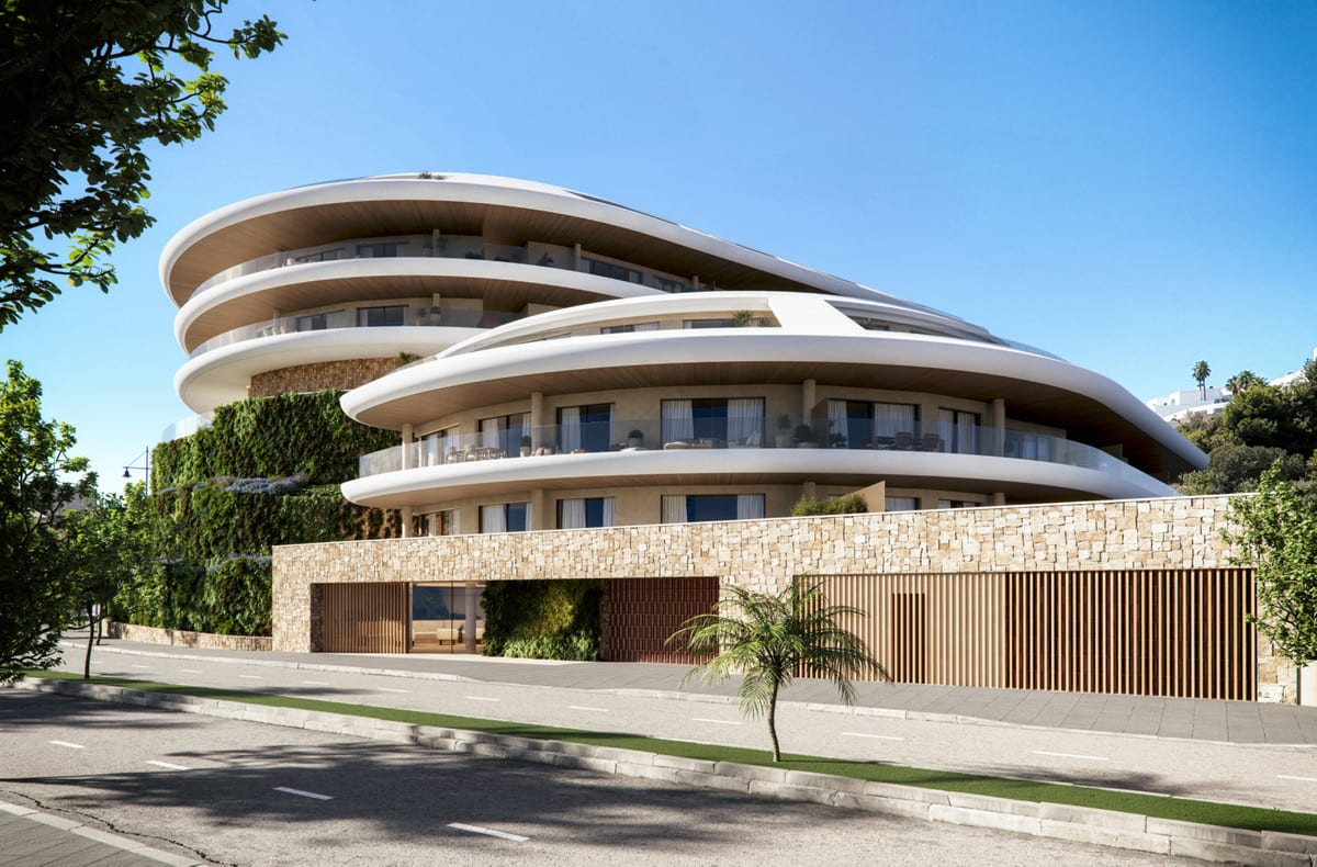 Rendered street façade of ÓLEO with layered, curved white balcony bands, a natural stone plinth, vertical wooden slats and greenery along the façade.