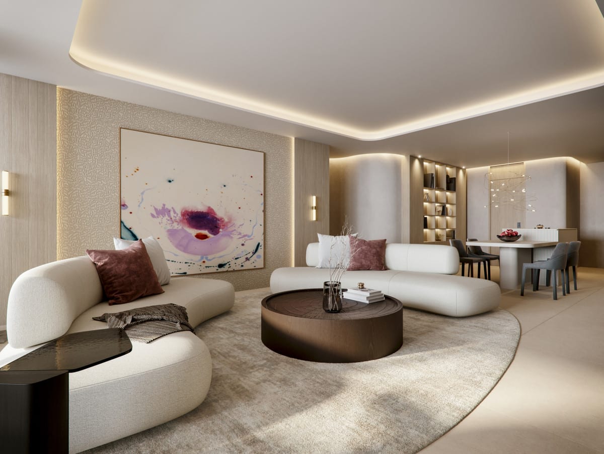 Rendered interior visualisation of ÓLEO with two curved cream sofas, a round dark coffee table, an oval rug, a large abstract artwork and a dining area in the background.