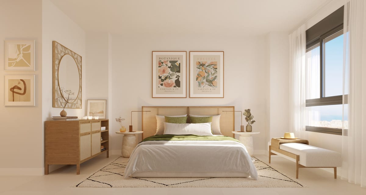 Project visualisation of a bedroom in ONE OAK with a double bed, wooden chest of drawers, oval mirror and large window.
