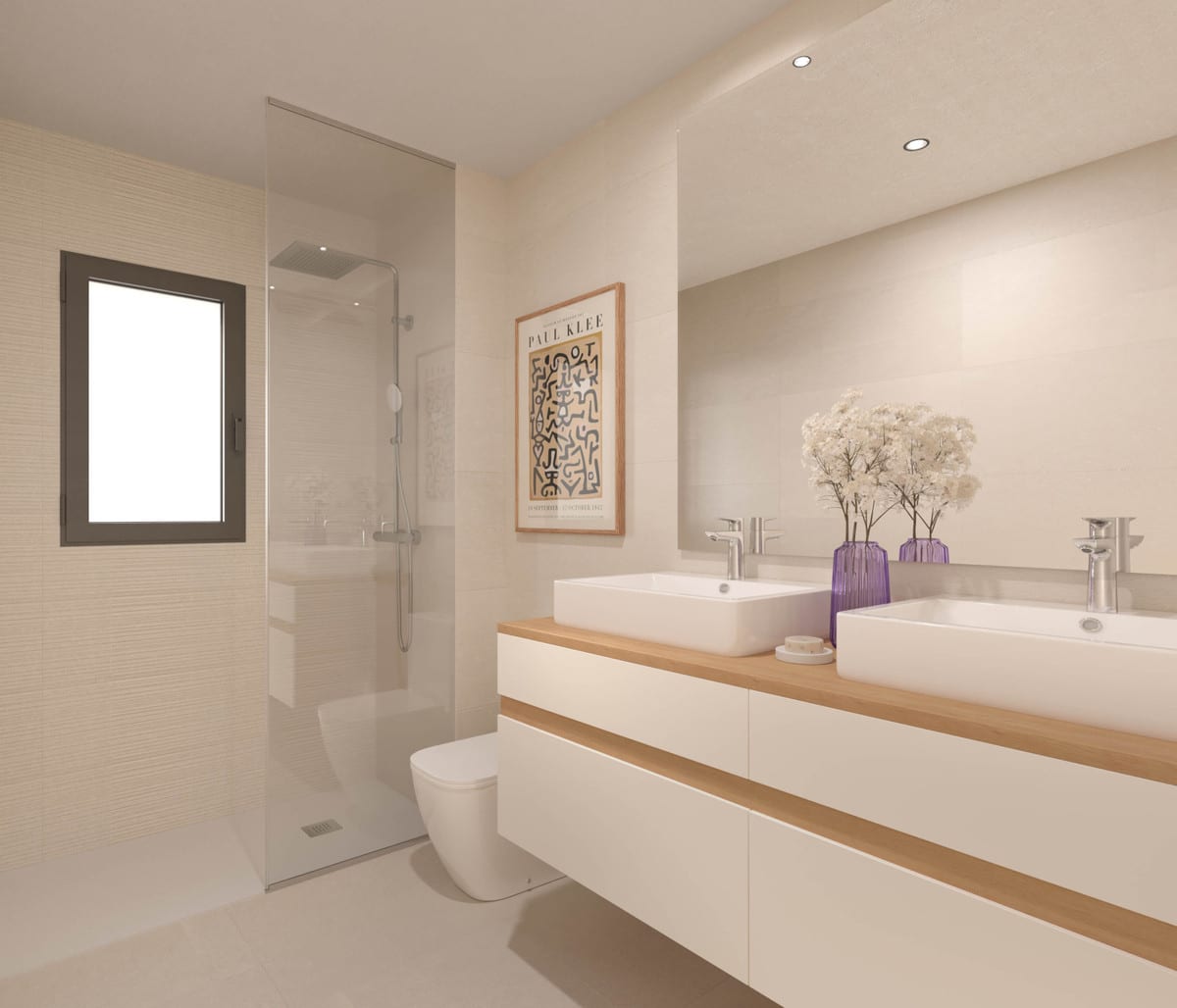 Project visualisation of a bathroom in ONE OAK with a walk-in shower, double countertop basins, toilet and light wall tiles.