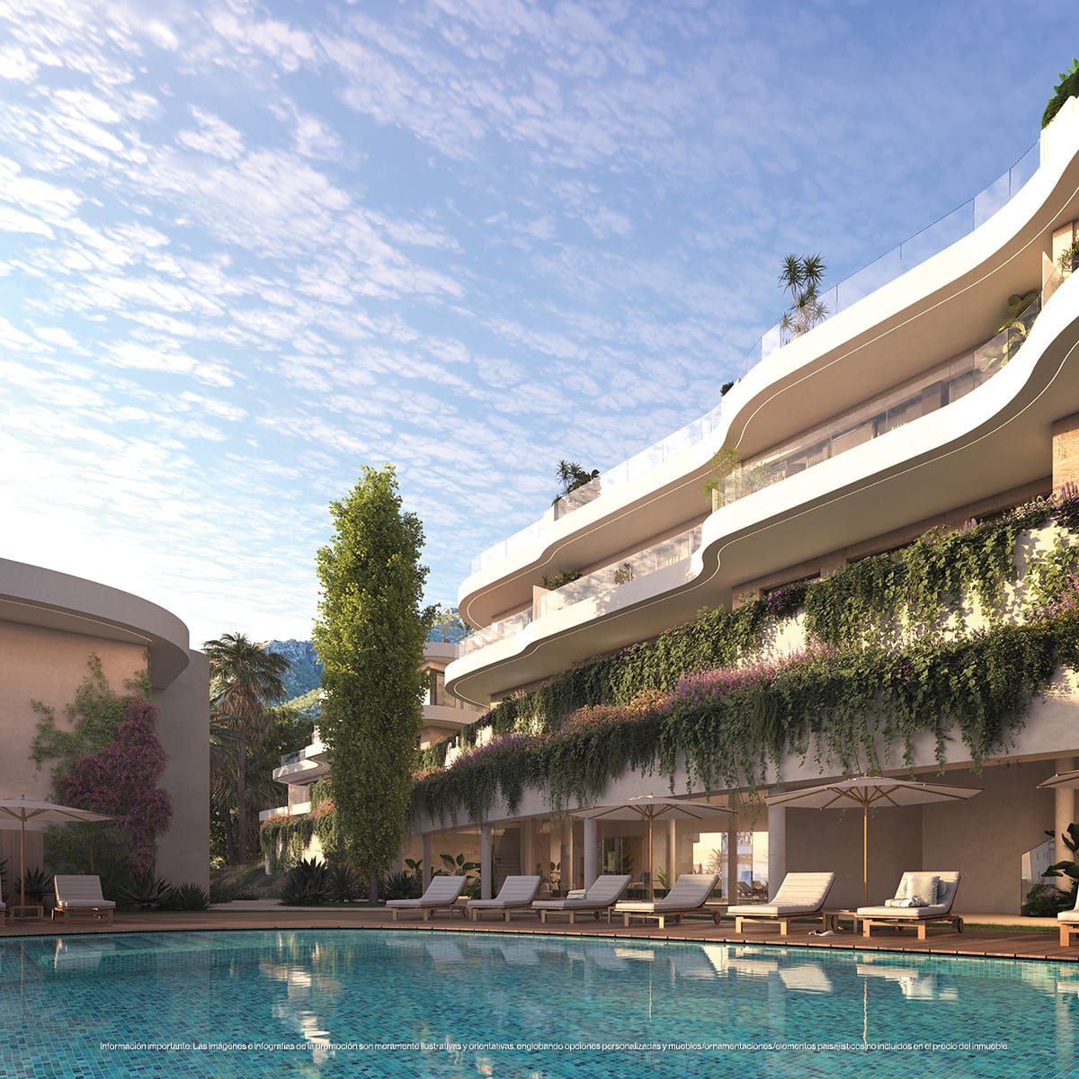 Project visualisation of ORGANIC HIGUERÓN with a turquoise swimming pool in the foreground, sun loungers on wooden decking, parasols and white façades with undulating balconies and trailing planting.