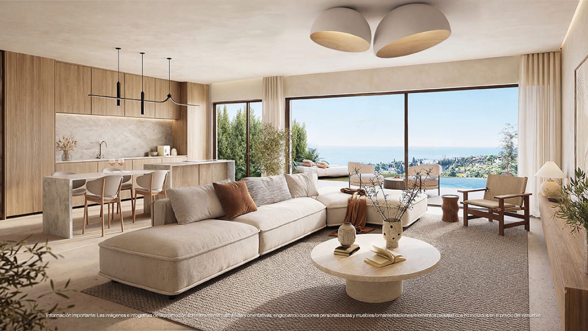Interior visualisation of ORGANIC HIGUERÓN featuring a bright open-plan living area, wooden kitchen cabinets, a light stone kitchen island, dining area, spacious seating area with a cream sofa and large windows opening onto a terrace.