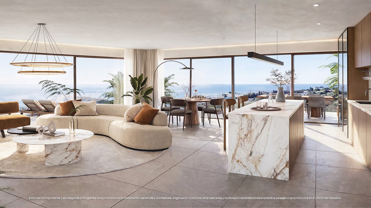 Interior visualisation of ORGANIC HIGUERÓN with an open-plan living space, marble-effect kitchen island, curved cream sofa, round marble-effect coffee table, dining area and large panoramic windows with sea views.