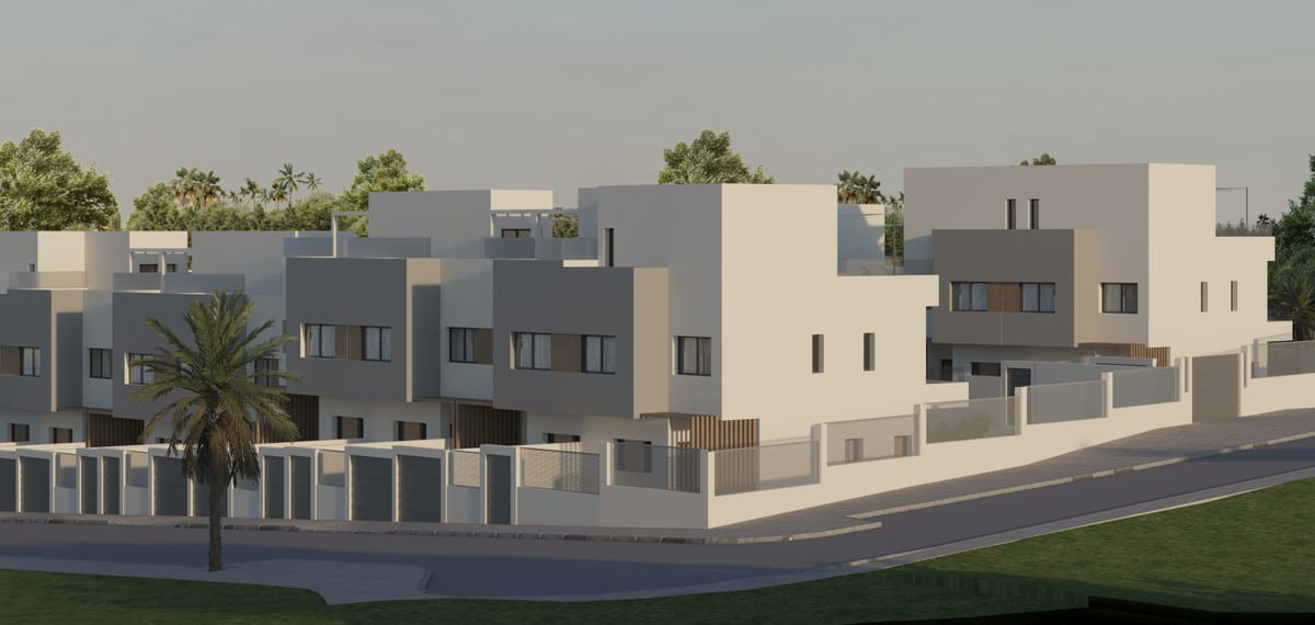 Project visualisation of PALM LUXURY GARDENS with cubic white and grey façades, low boundary walls with vertical slatted accents and a palm tree on the street corner.
