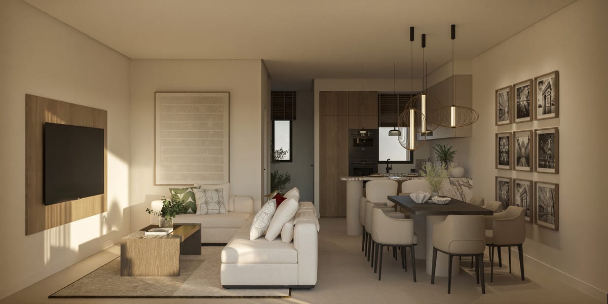 Project visualisation of PALM LUXURY GARDENS with a cream seating area, wooden coffee table, wall-mounted television on a wooden panel, dining table with chairs and an open-plan kitchen in the background.