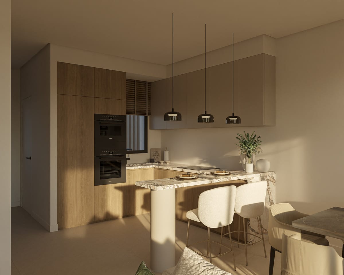 Project visualisation of PALM LUXURY GARDENS with tall wooden kitchen cabinets, built-in black ovens, a kitchen island with a veined stone worktop and white bar stools beneath dark pendant lights.
