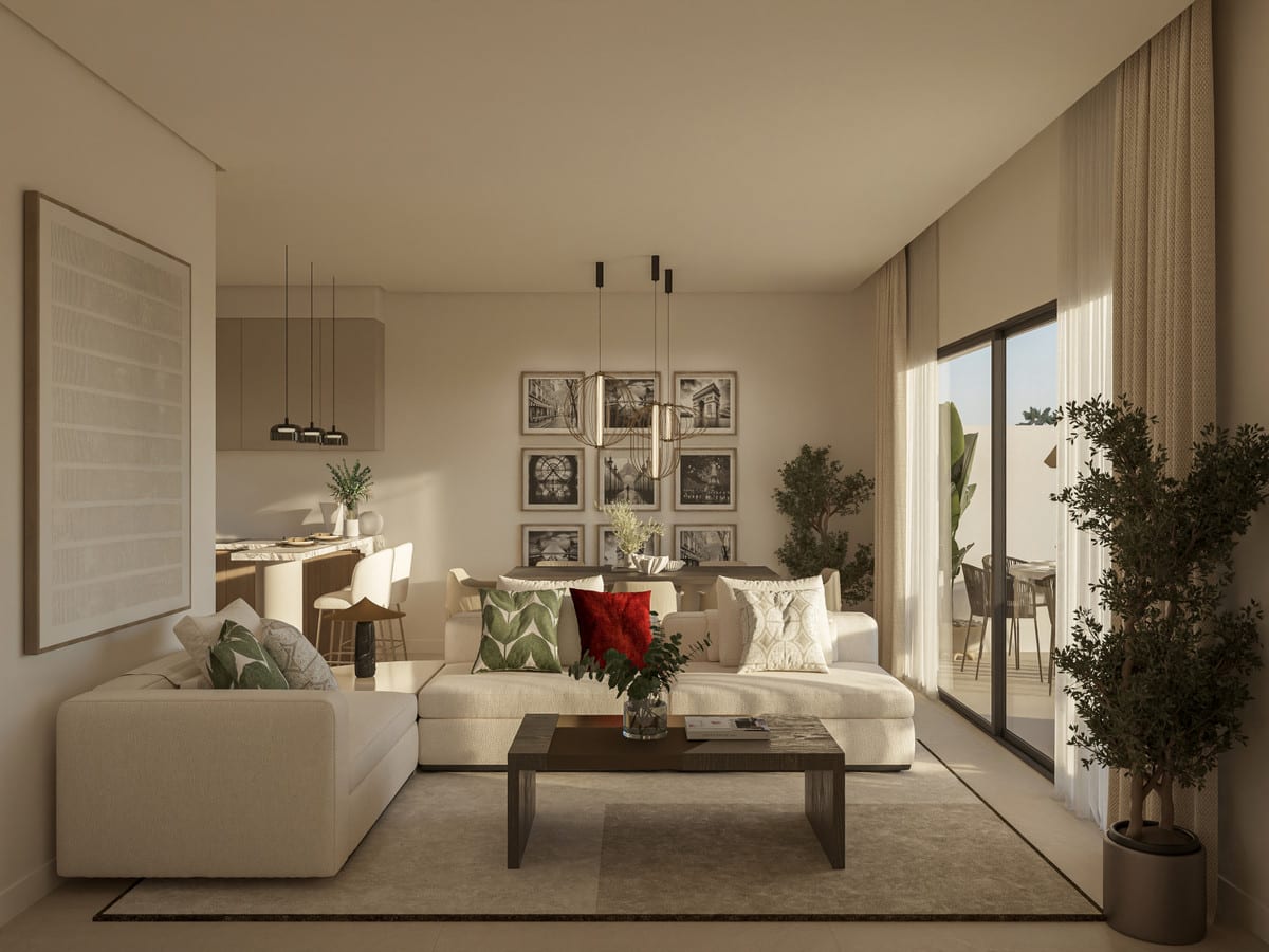 Project visualisation of PALM LUXURY GARDENS with a cream corner sofa, dark wooden coffee table, a gallery of black-and-white photographs on the wall and a sliding glass door to an outdoor area with seating.