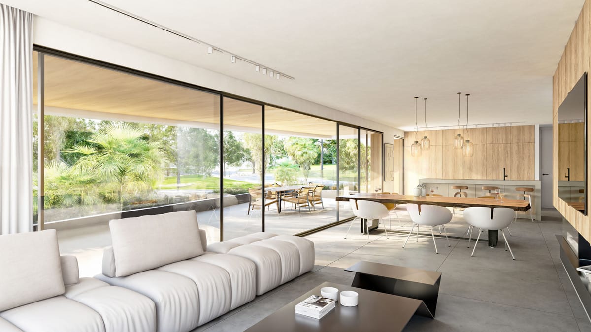 Rendered interior visualisation of PALM RESIDENCES with a cream-white sofa, dark coffee table, wooden feature wall, dining table with white chairs and full-width sliding glass doors leading to a terrace with outdoor furniture and palm trees.