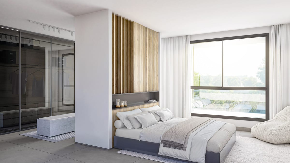 Rendered bedroom visualisation of PALM RESIDENCES with a double bed, wooden slatted panelling as a headboard feature, a large window with white curtains and a walk-in wardrobe with dark sliding doors on the left.