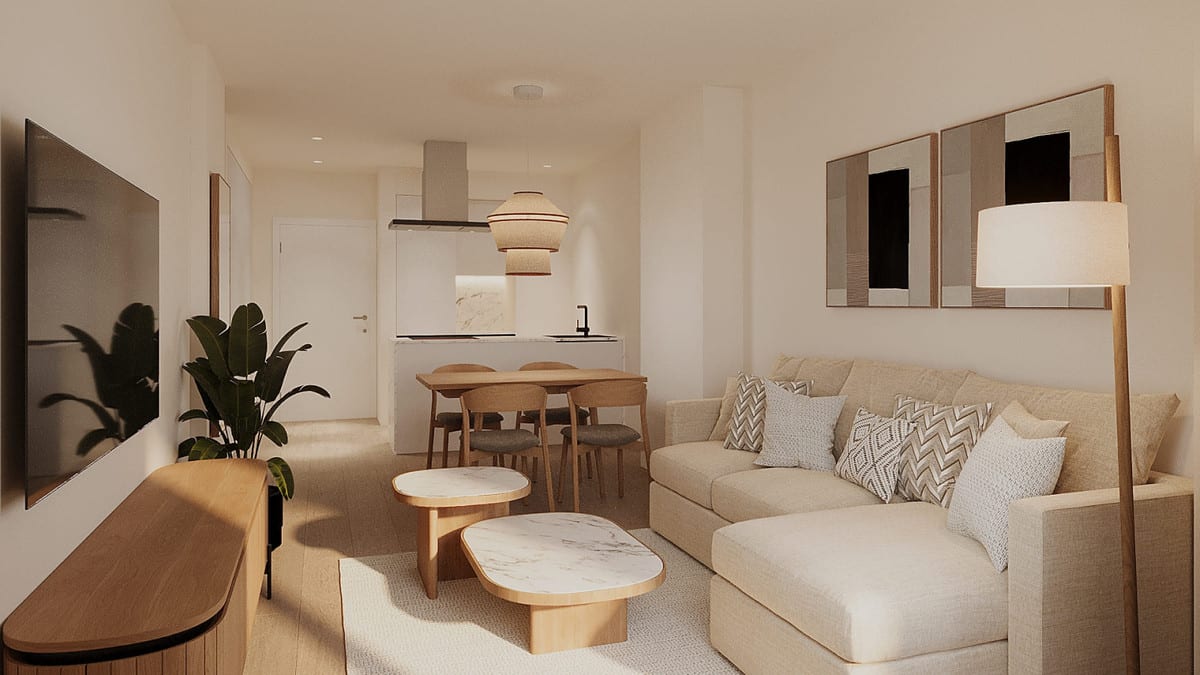 Interior development visualisation of PARAISO BEACH with a beige chaise-longue sofa, wooden dining table with chairs, open-plan kitchen with extractor hood, television and two coffee tables with marble-look tops.