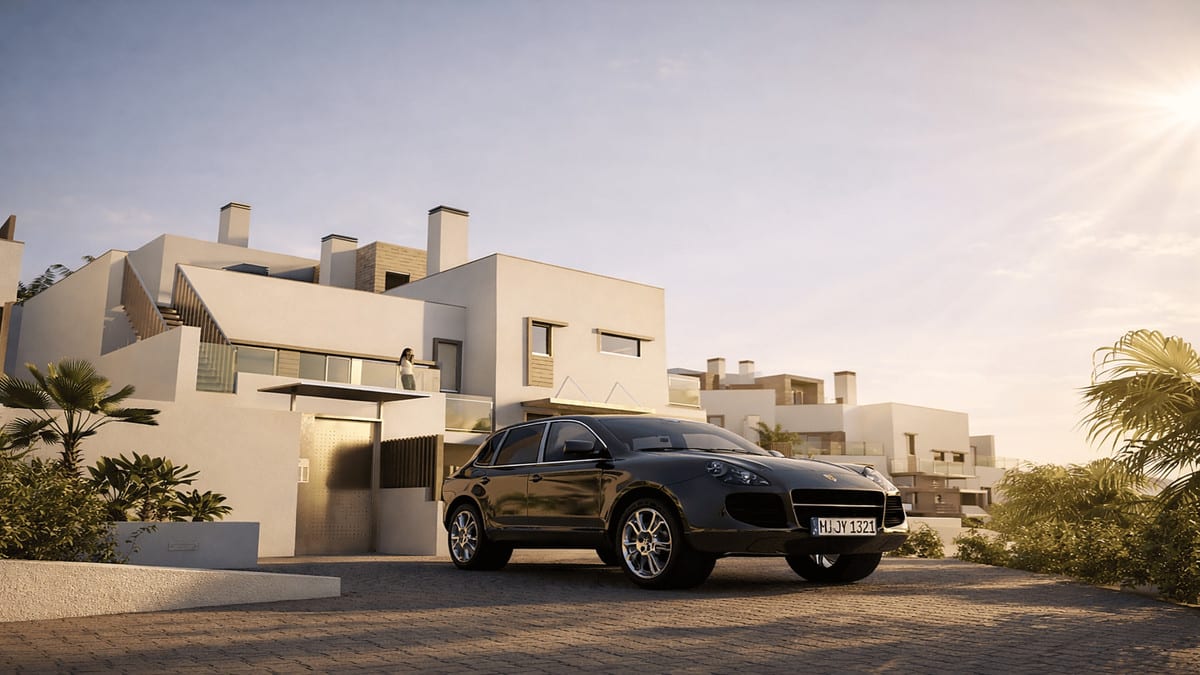 Development visualisation of PARAISO BEACH with white buildings, terraces, green planting and a black SUV on a paved driveway.
