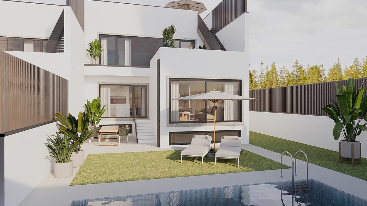 Project visualisation of PARAISO BEACH featuring a white-fronted home, private pool in the foreground, two sun loungers with a parasol on the lawn, an outdoor dining area and landscaped garden.