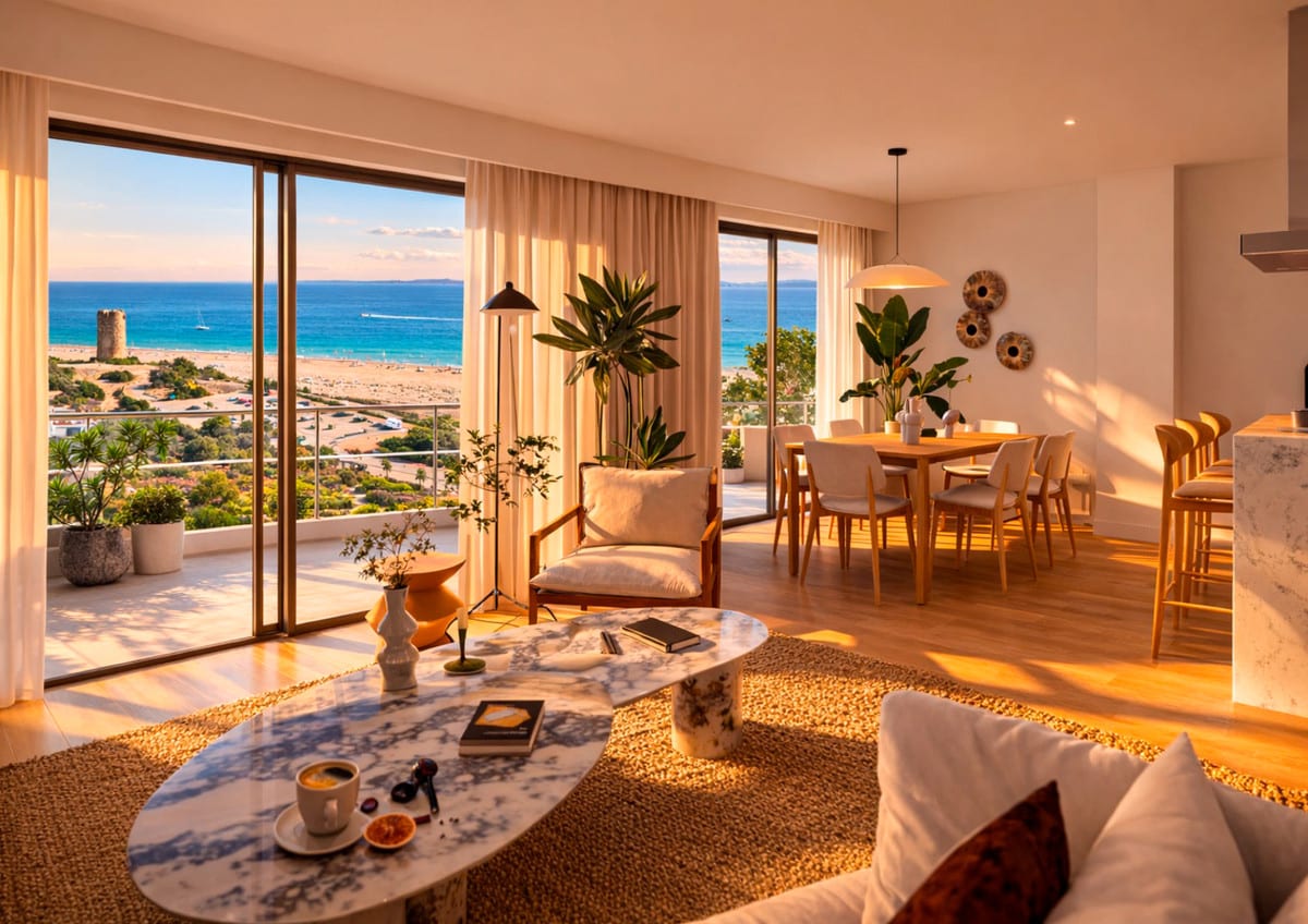 Interior project visualisation of PARAISO BEACH with an open-plan living room, marble coffee table, seating area, dining area, kitchen bar and large sliding glass doors overlooking the beach and sea.
