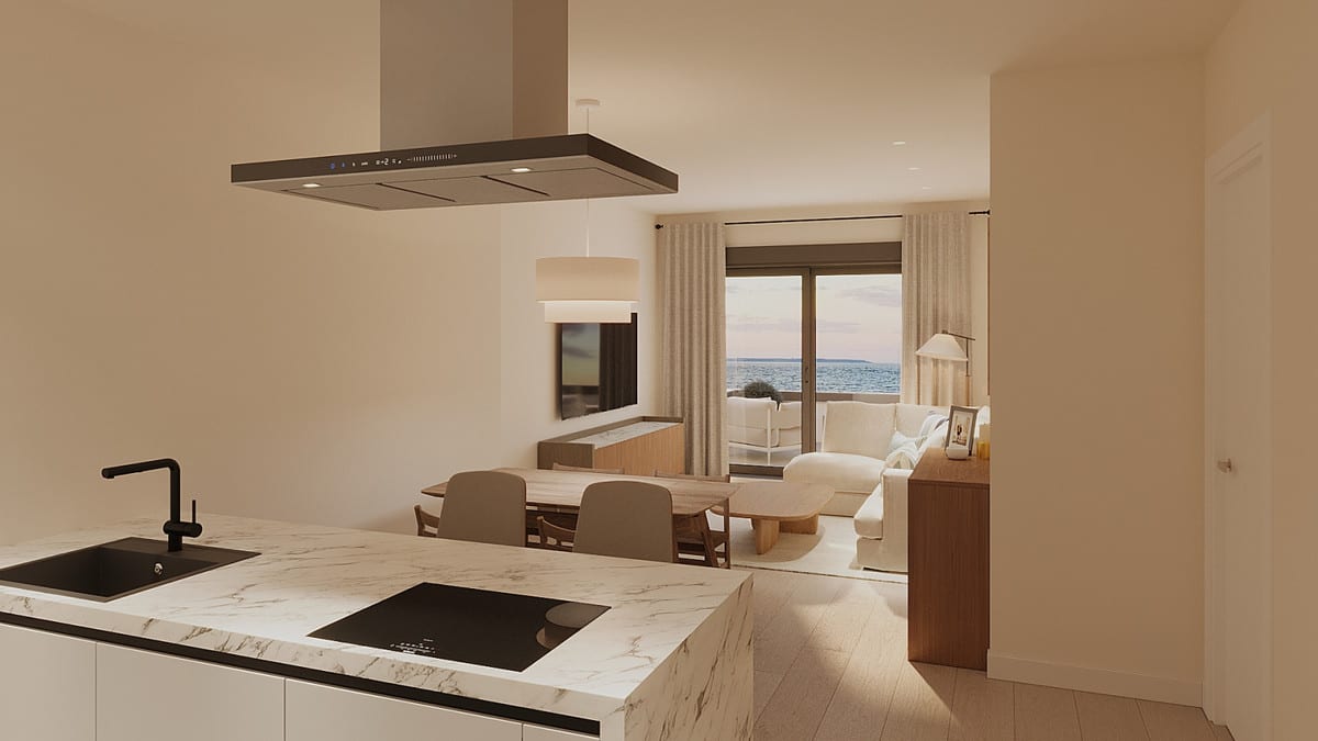 Interior project visualisation of PARAISO BEACH with a marble kitchen island, extractor hood, dining table with chairs, white seating area and sliding glass doors with sea views in the background.
