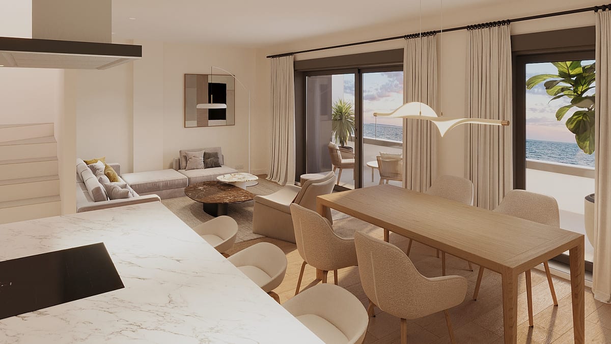 Interior project visualisation of PARAISO BEACH with a marble kitchen worktop, wooden dining table with rounded cream-coloured chairs, grey seating area with coffee table and sliding glass doors with sea views.