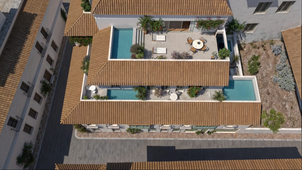 Aerial project visualisation of PARAISO DE AZAHAR with terracotta tiled roofs, two rectangular swimming pools on separate roof terraces, seating and planting.
