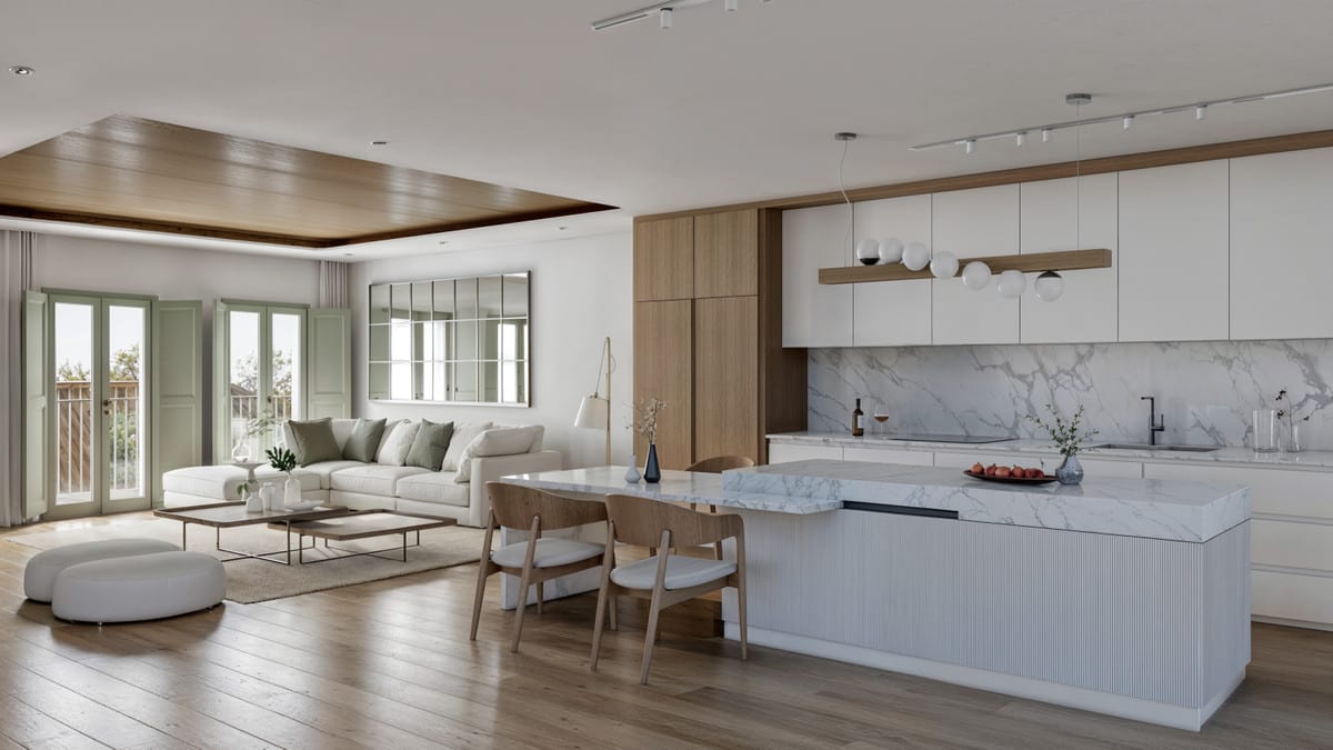 Project visualisation of PARAISO DE AZAHAR featuring an open-plan kitchen with a marble-look worktop and splashback, white cabinetry, wooden flooring, a dining table with chairs and a bright seating area in the background.