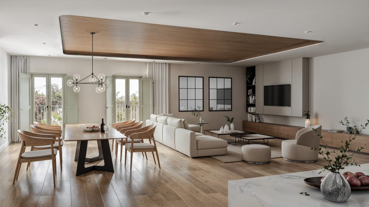 Project visualisation of PARAISO DE AZAHAR featuring a spacious living and dining area, wooden dining table with chairs, beige sofa, wooden flooring, a wall unit with television and sage-green French doors.