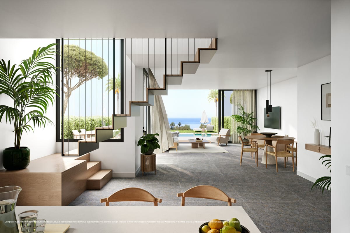 A PINE VALLEY VILLAS belső terének látványterve lebegő, sötét acélvázas nyitott lépcsővel, kerek asztalos étkezővel és fa székekkel, ülősarokkal, valamint a teraszra és a medencére néző nagy üvegfelületekkel.