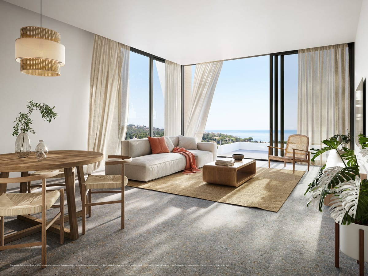 A PINE VALLEY VILLAS nappalijának látványterve kerek fa étkezőasztallal, narancssárga párnás világos kanapéval, fotellel, juta szőnyeggel és padlótól mennyezetig érő ablakokkal, amelyekből tengerre és zöld környezetre nyílik kilátás.