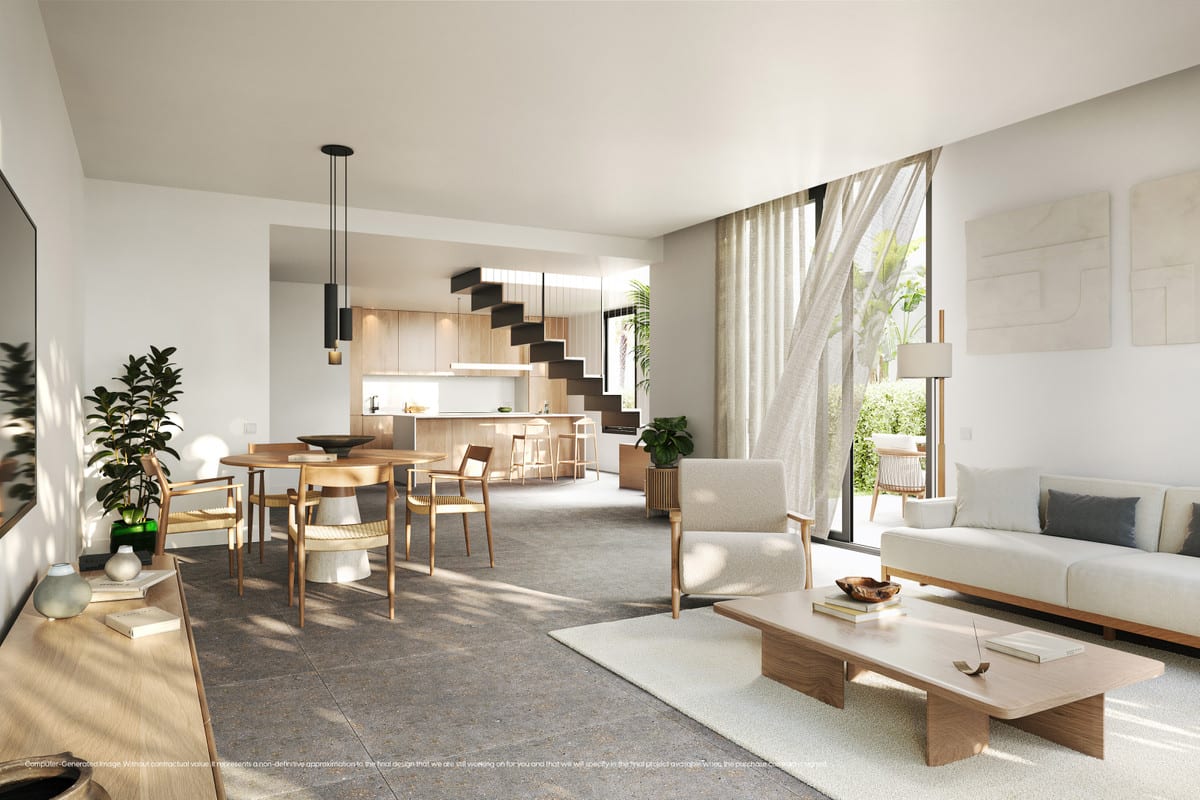 A PINE VALLEY VILLAS nyitott nappali-étkezőjének látványterve ülősarokkal, fa székes kerek étkezőasztallal, fa szekrényes és bárszékes nyitott konyhával, lebegő lépcsővel, valamint zöld növényzetre néző üvegajtókkal.