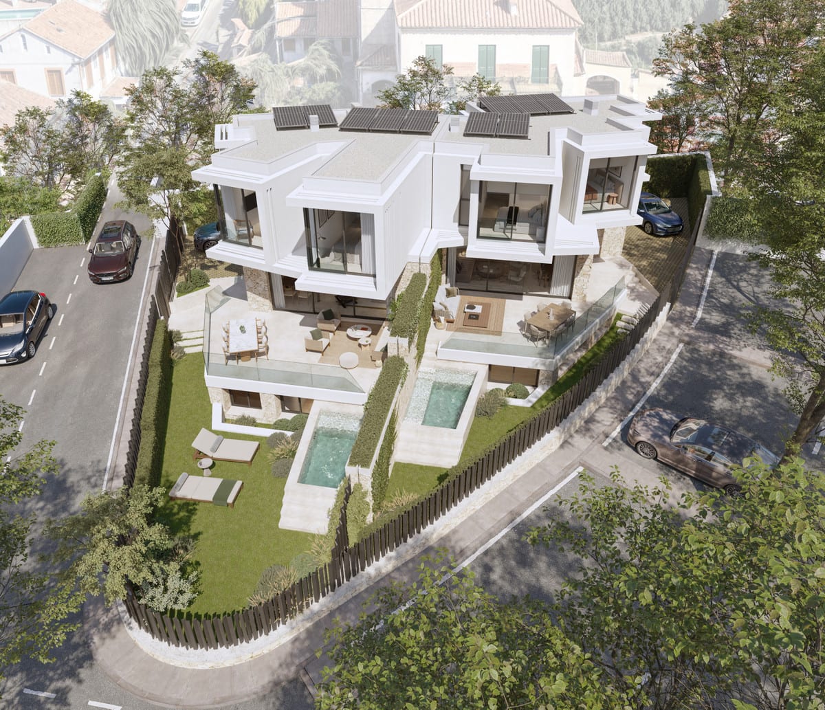 Project visualisation — PORTUGAL 2: Elevated view of two homes with gardens and pools.