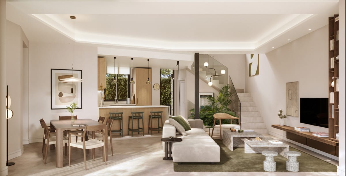 Project visualisation — PORTUGAL 2: Open living room, kitchen and dining area beside the staircase.
