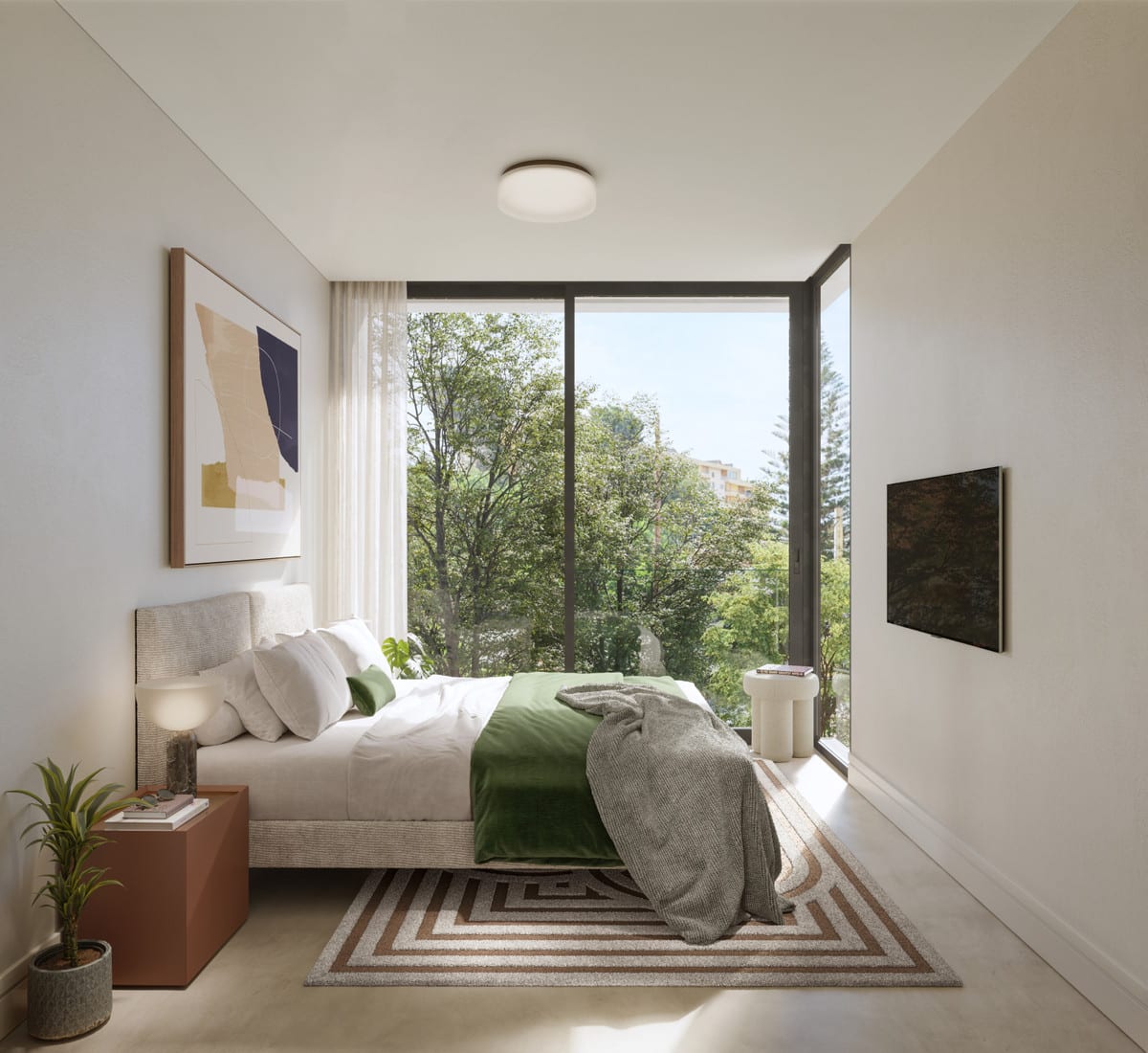 Project visualisation — PORTUGAL 2: Bedroom with a large window facing greenery.