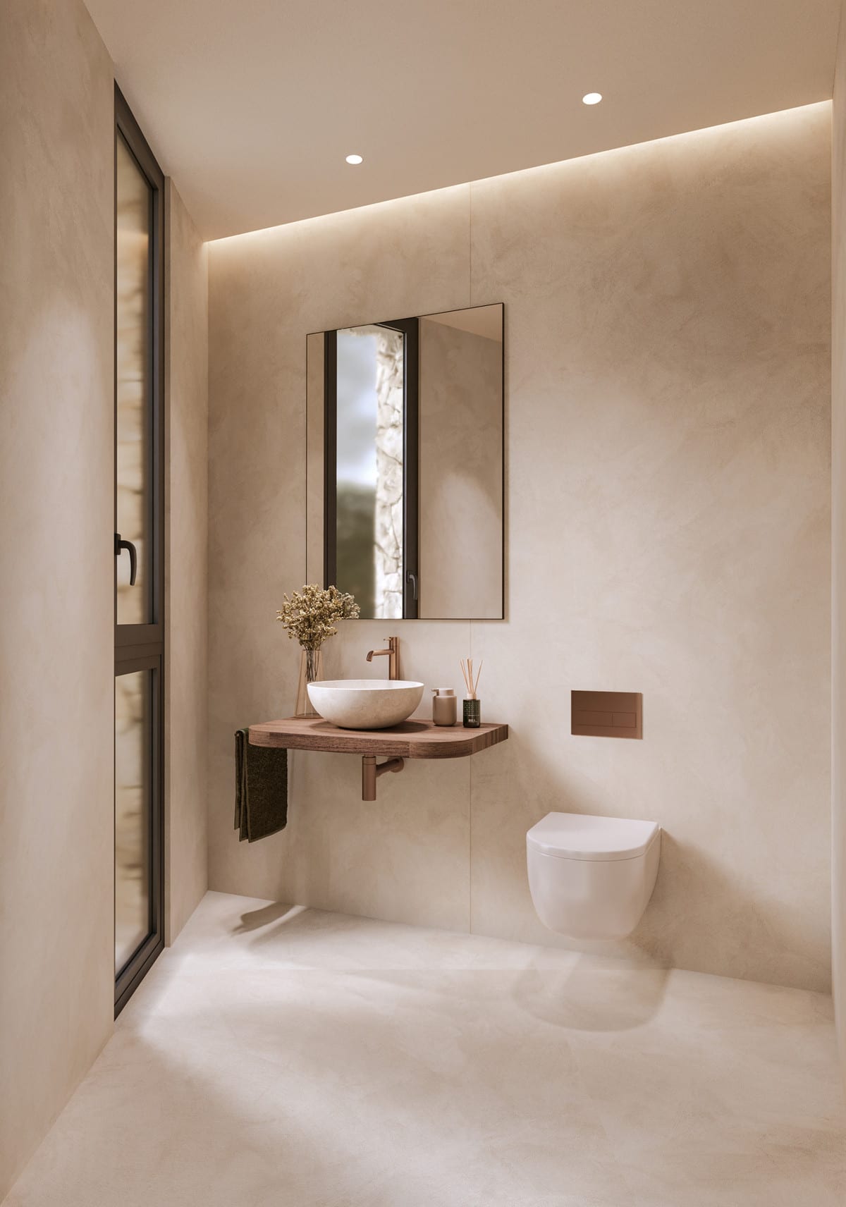 Project visualisation — PORTUGAL 2: Bathroom with a shower, wall-hung toilet and washbasin.