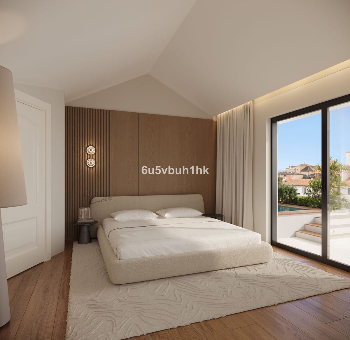 Project visualisation of POZOS DULCES 29 featuring an upholstered bed, wooden slatted wall panel, wall lights, rug and a sliding glass door leading outside.
