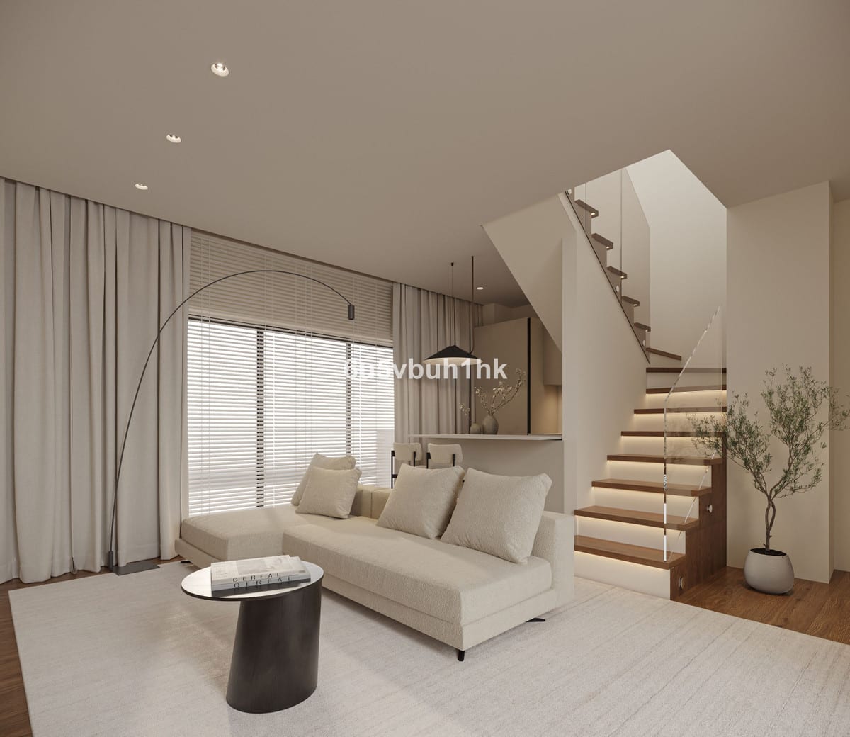 Project visualisation of POZOS DULCES 29 featuring a cream-coloured sofa, round dark side table, arched floor lamp, open kitchen bar and a staircase with a glass balustrade and illuminated wooden treads.