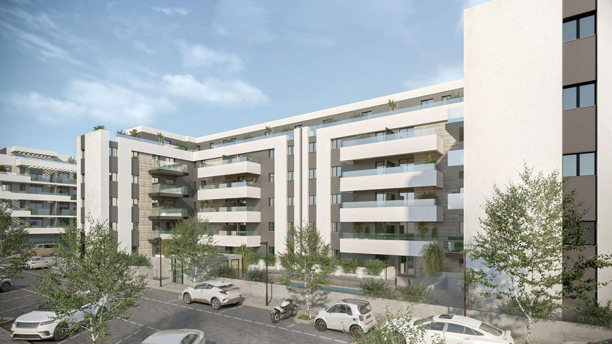 Project visualisation of PREMIER RESIDENCIAL with light façades, wide horizontal balconies, glass balustrades, street trees and parked cars in the foreground.