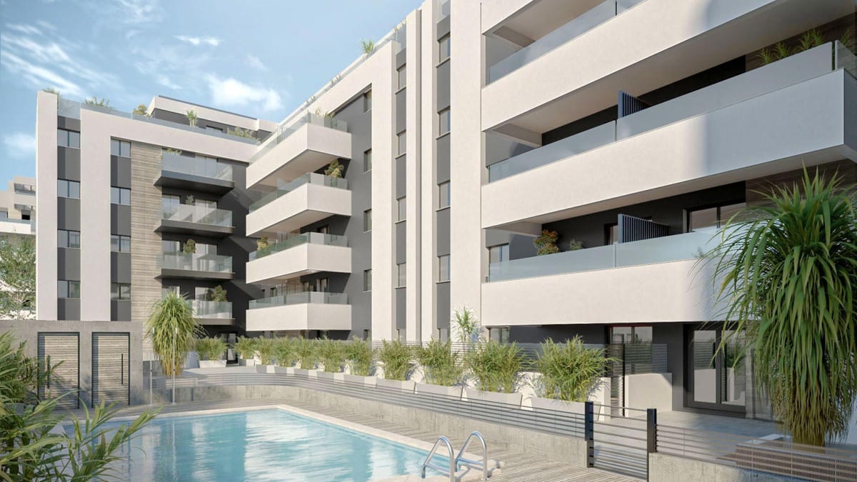 Project visualisation of PREMIER RESIDENCIAL with a rectangular swimming pool with pool ladder, planters with palms and surrounding balconies with glass balustrades.