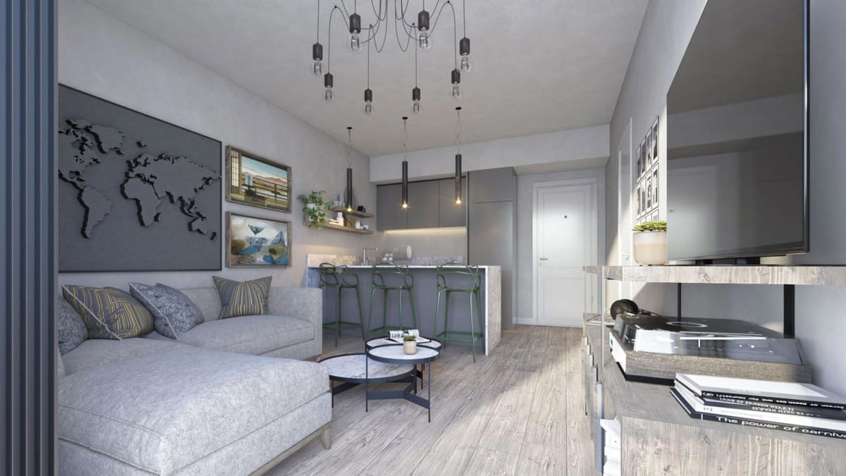 Interior visualisation of PREMIER RESIDENCIAL with a grey L-shaped sofa, round marble-effect coffee tables, green bar stools at a kitchen bar, a pendant light and light wooden flooring.