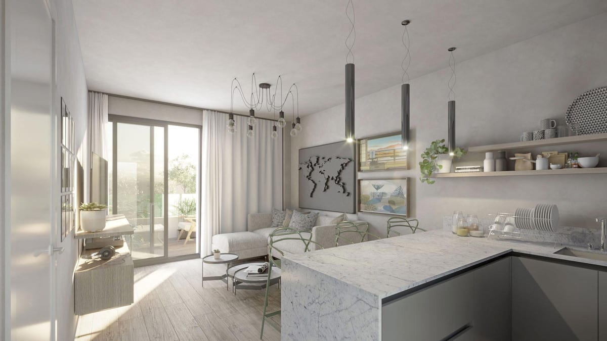 Interior visualisation of PREMIER RESIDENCIAL with a marble-effect kitchen breakfast bar in the foreground, green bar stools at the breakfast bar, open wall shelving and a glass sliding door providing daylight.