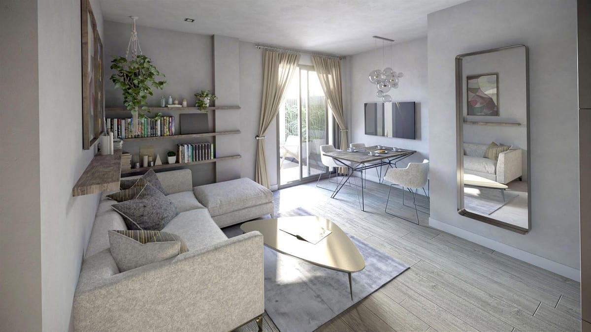 Interior visualization of PREMIER RESIDENCIAL with a light grey sofa, wall shelves with books and plants, dining table with white chairs, a large wall mirror and a glass sliding door with curtains.