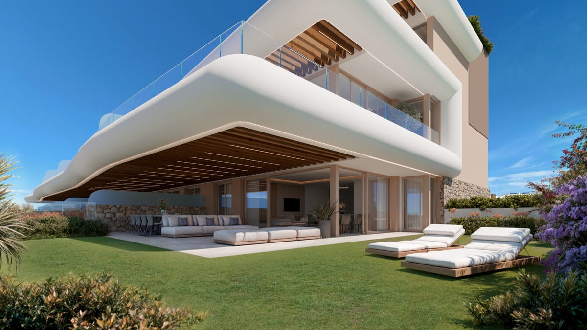 Project visualisation of PRIVILEGE SUITES with a ground-floor outdoor area, lawn, white sun loungers, wooden ceiling slats and a rough stone wall.