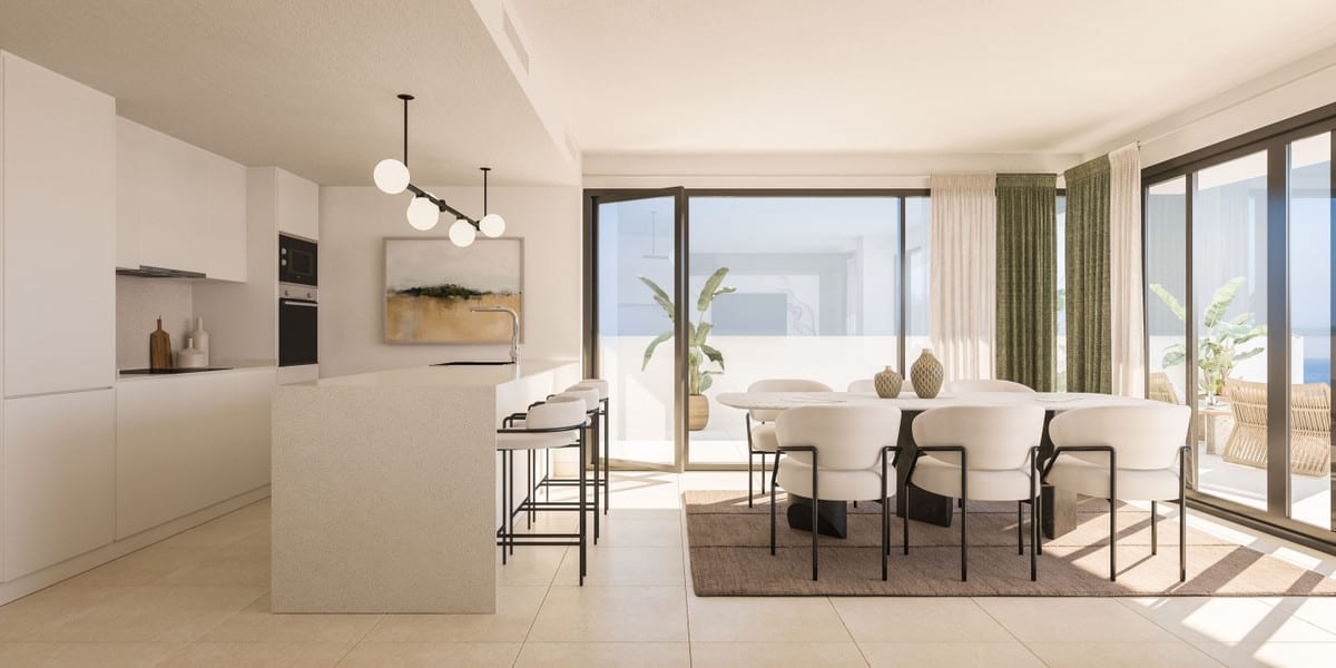 Project visualisation of PURE SUN II with a white open-plan kitchen, a light kitchen island with bar stools, an oval dining table and large glass sliding doors.
